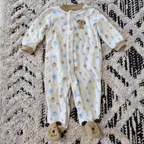 Carter's Baby Boy White Puppy Dog w/all Over Paw Prints Snap Footed Sleeper 9M - Picture 1 of 4